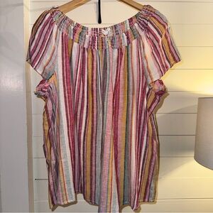 beachlunchlounge off the shoulder linen blend multi Striped Blouse Plus Size 1X